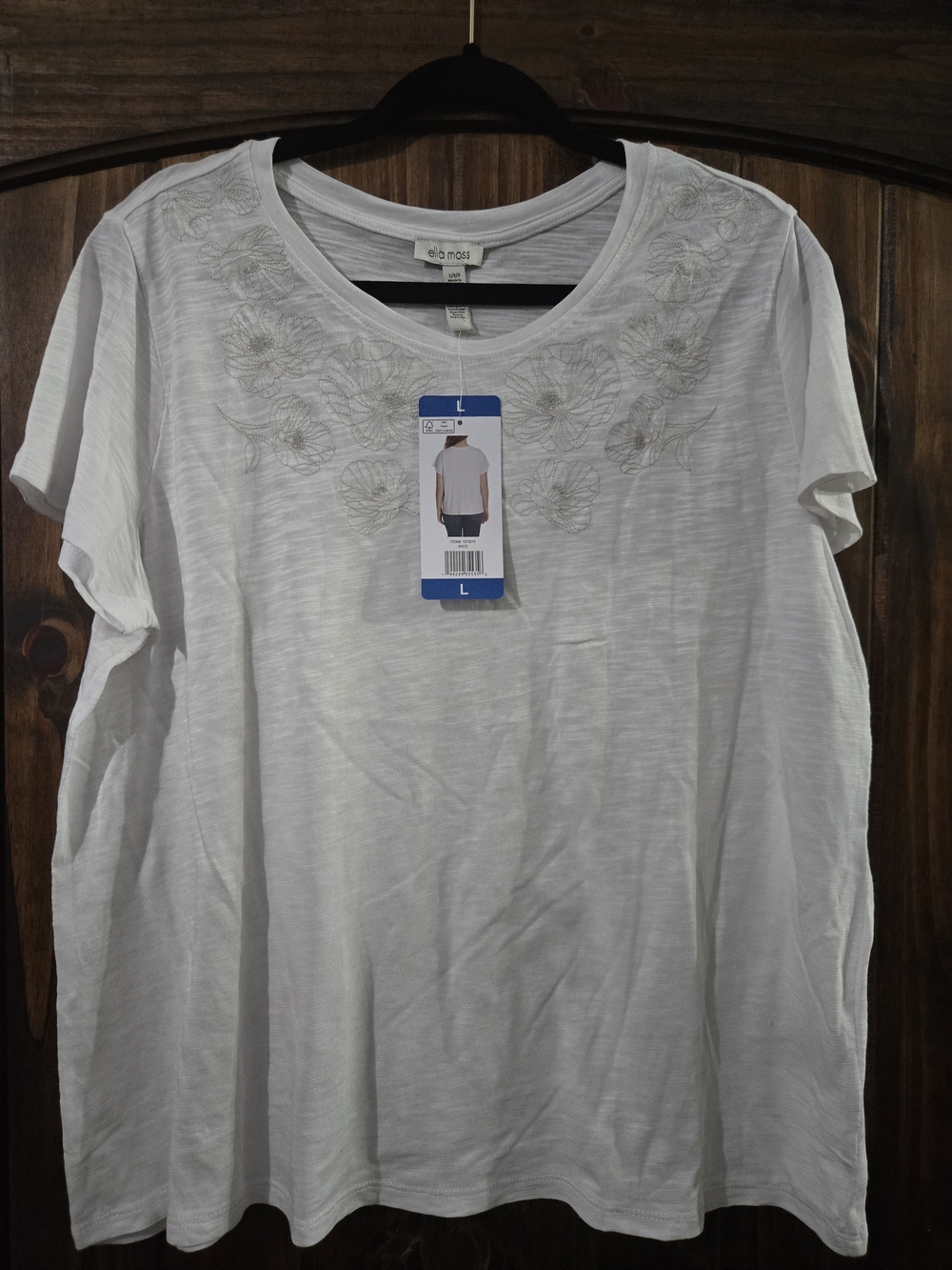Ella Moss White Short-Sleeve Scoop Neck Top with Embroidered Yoke